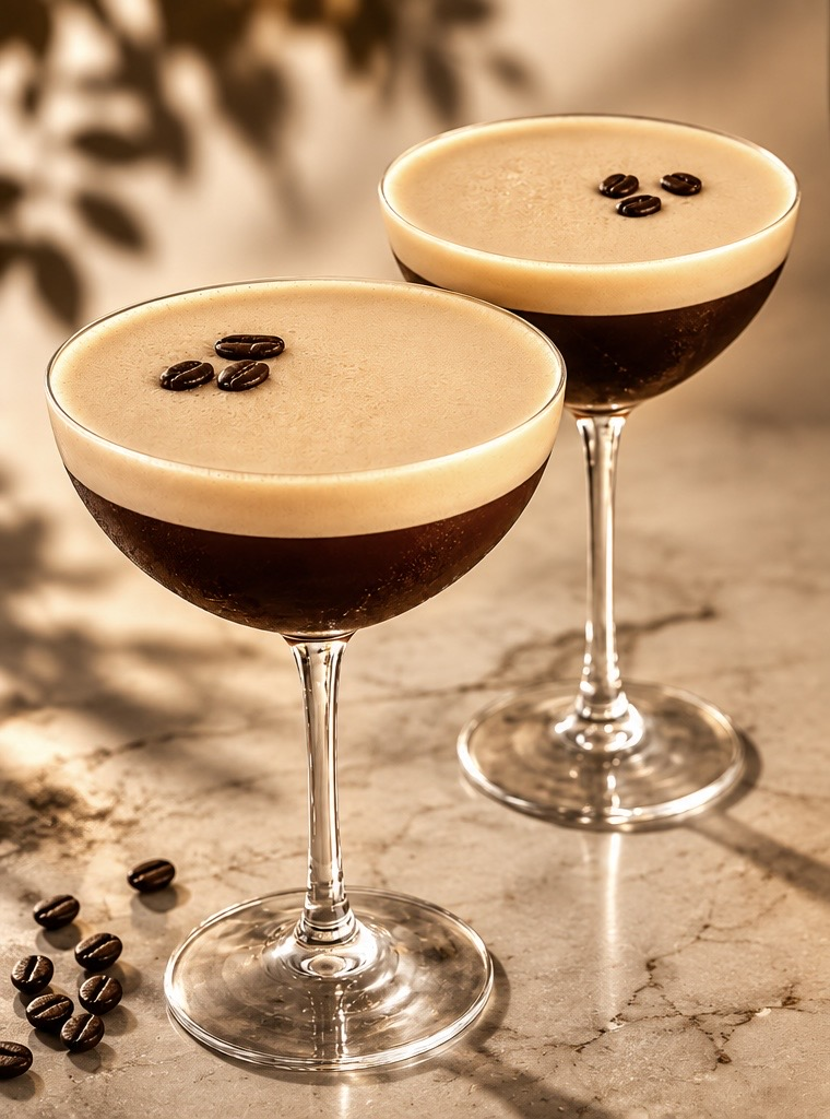 Two Espresso Tini Factory espresso martinis topped with coffee beans