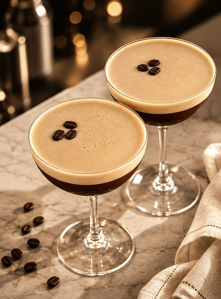 A close view of two signature Espresso Tini Factory martinis